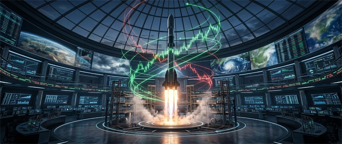 A rocket launches amid glowing stock candlestick charts inside a futuristic financial trading control room.