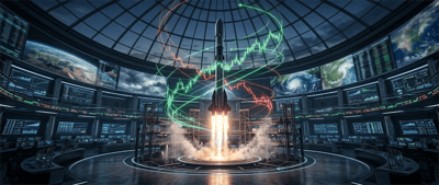 A rocket launches amid glowing stock candlestick charts inside a futuristic financial trading control room.