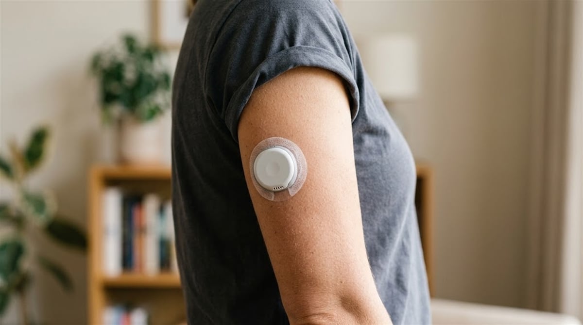 A person wearing a gray shirt displays a continuous glucose monitor sensor on their upper arm.