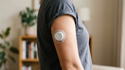 A person wearing a gray shirt displays a continuous glucose monitor sensor on their upper arm.