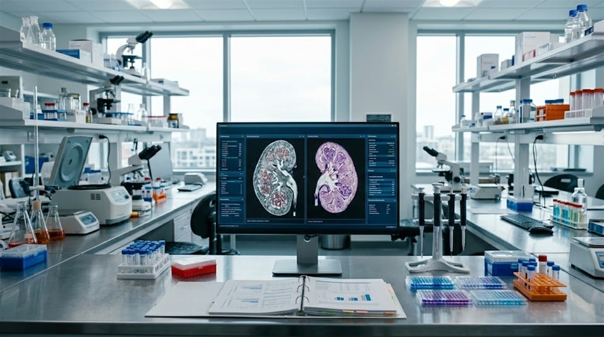 A laboratory workstation displays kidney tissue pathology scans on a monitor surrounded by scientific equipment.