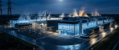 Aerial night view of a large data center facility with cooling systems and power infrastructure.