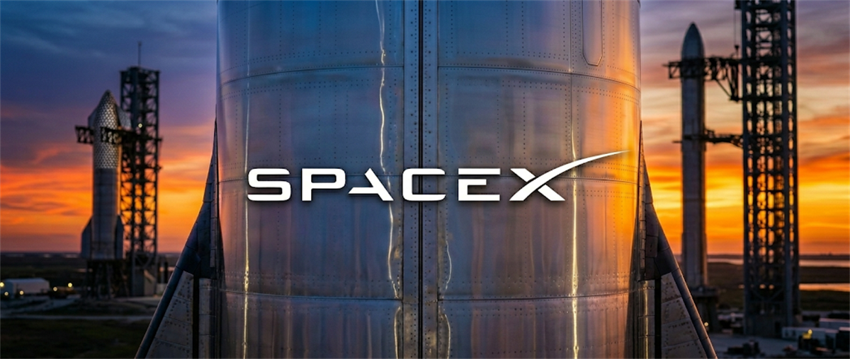 SpaceX logo overlaid on a close-up of a Starship rocket at a launch facility during sunset.