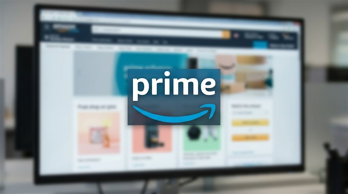 Amazon Prime logo overlaid on a blurred desktop monitor displaying the Amazon shopping website.