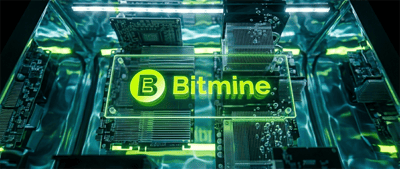 Bitmine logo displayed on a glowing green circuit board inside a cryptocurrency mining rig.