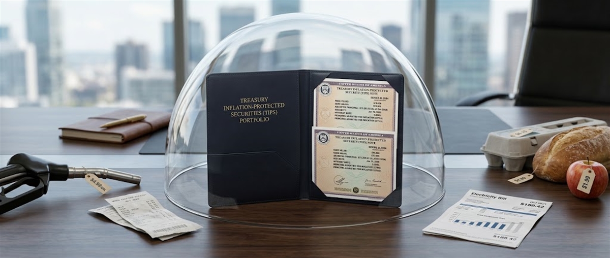 A Treasury Inflation-Protected Securities (TIPS) portfolio binder sits under a glass dome beside everyday consumer goods.