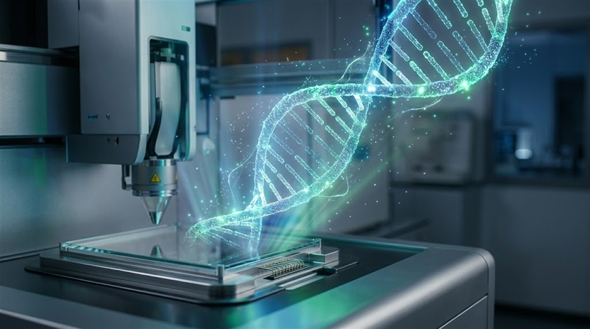 A digitally rendered DNA double helix glows above laboratory sequencing equipment in a biotech research setting.
