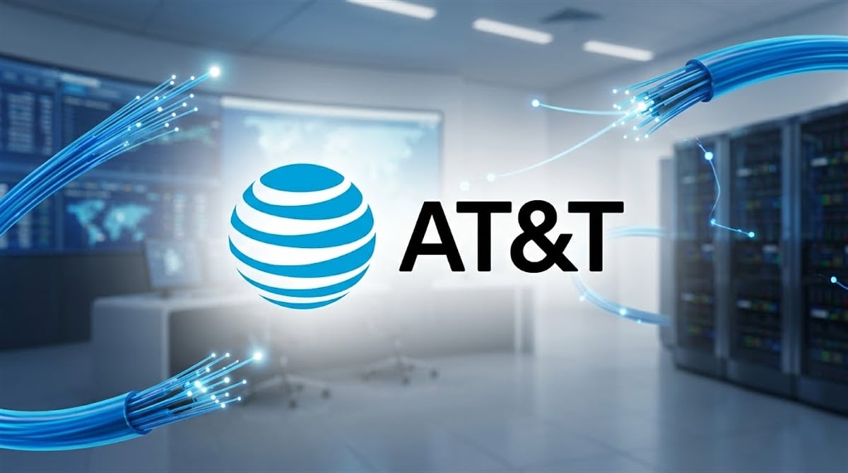AT&T logo displayed alongside fiber optic cables and a blurred data center background.