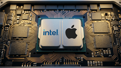 A stylized processor chip on a circuit board displays the Intel and Apple logos side by side.