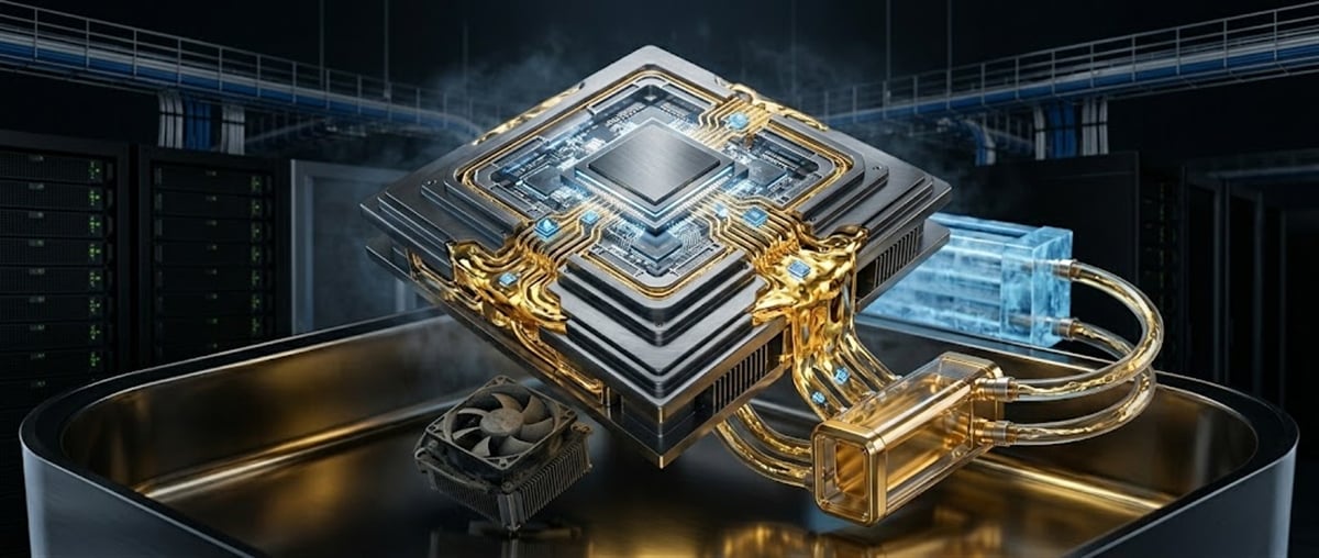 A stylized illustration of a large semiconductor chip with liquid cooling systems in a data center setting.