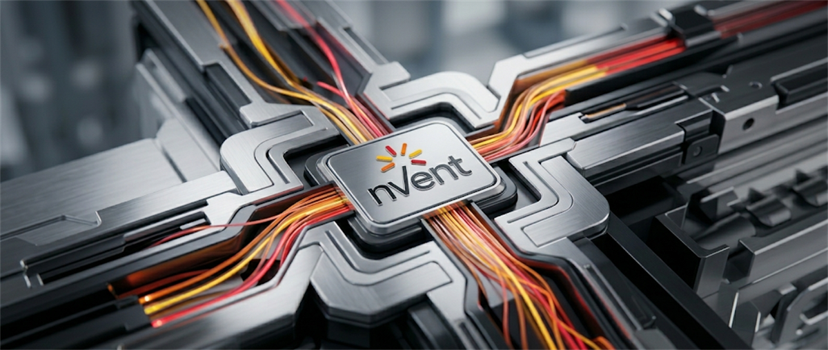 The nVent Electric logo appears on a stylized circuit board with red and yellow wiring.