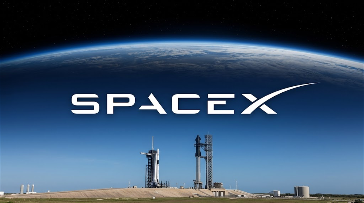 SpaceX logo displayed over a composite image of two rockets on launch pads with Earth in the background.