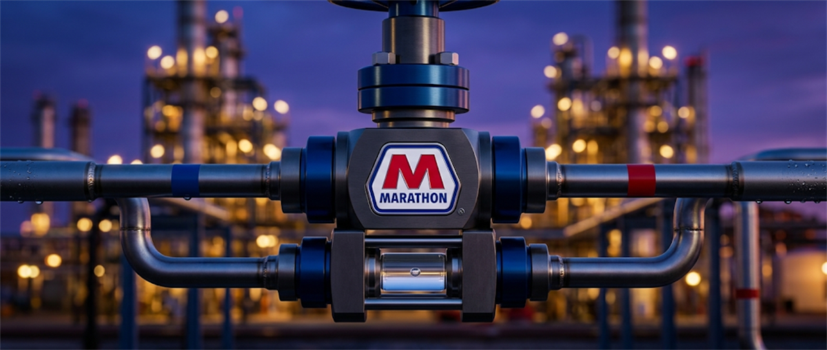 Marathon Petroleum logo displayed on an industrial pipeline valve with a refinery lit at dusk in the background.