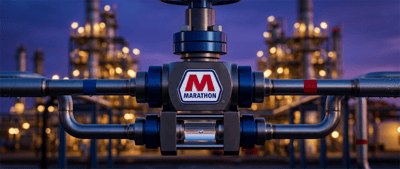 Marathon Petroleum logo displayed on an industrial pipeline valve with a refinery lit at dusk in the background.