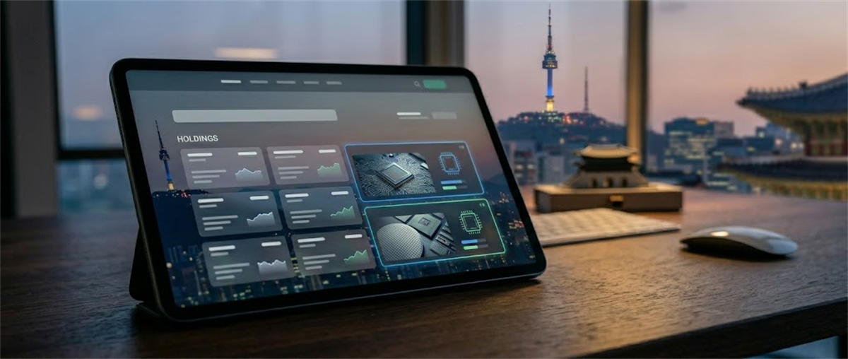 A tablet displaying an ETF holdings dashboard with stock charts sits on a desk overlooking the Seoul skyline.