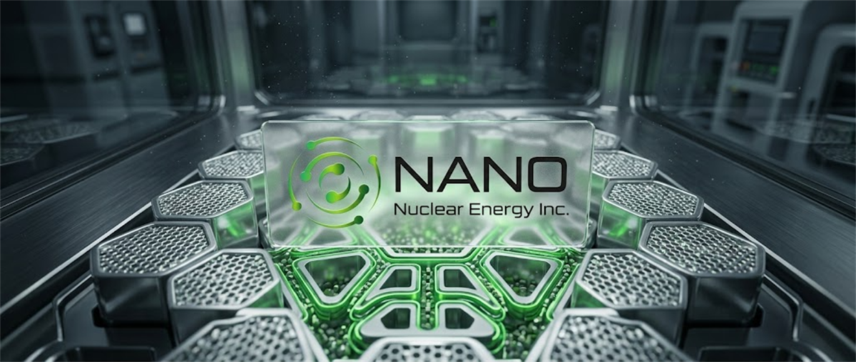 NANO Nuclear Energy Inc. logo displayed on a stylized rendering of a small modular reactor facility.