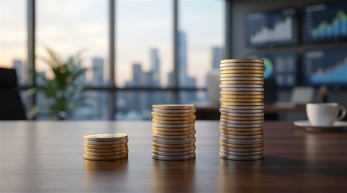 Three stacks of gold and silver coins arranged in ascending height on a wooden desk in a financial office setting.