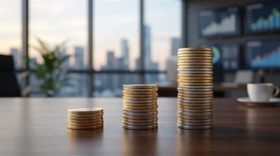 Three stacks of gold and silver coins arranged in ascending height on a wooden desk in a financial office setting.