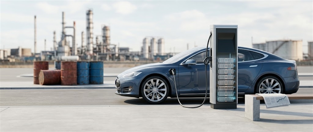 A blue electric sedan charges at a standalone EV charging station with an industrial facility in the background.