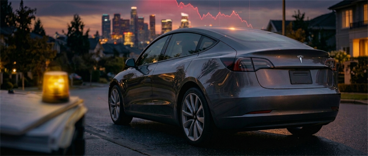 A Tesla sedan parked on a suburban street at dusk with a declining red stock chart overlaid in the background.