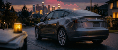 A Tesla sedan parked on a suburban street at dusk with a declining red stock chart overlaid in the background.