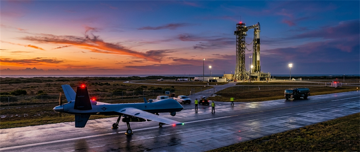 A military drone sits on a wet runway at dusk near an illuminated rocket on a launch pad.