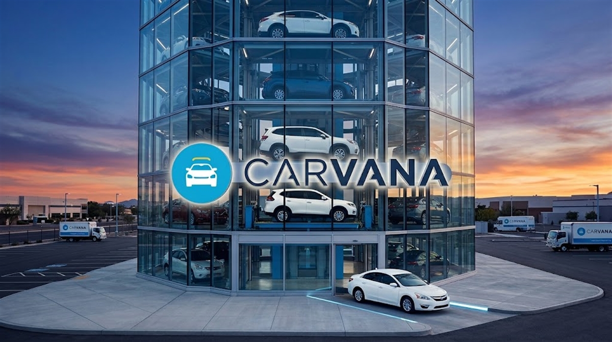 Carvana multi-story glass car vending machine tower displays multiple vehicles at dusk.