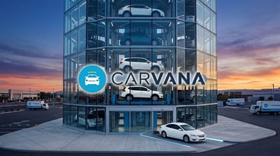 Carvana multi-story glass car vending machine tower displays multiple vehicles at dusk.