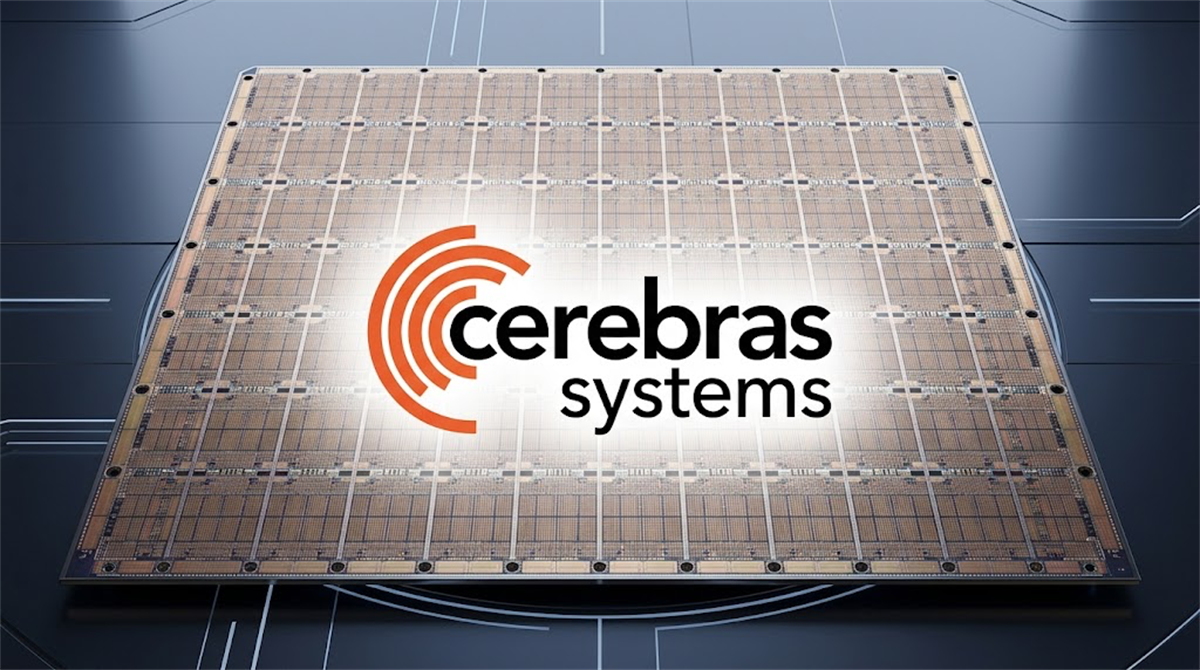 Cerebras Systems logo overlaid on a large-scale AI semiconductor wafer chip.