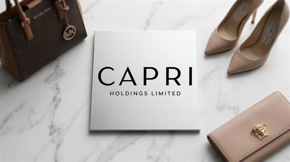 Capri Holdings Limited logo displayed on a white card surrounded by Michael Kors and Versace accessories.