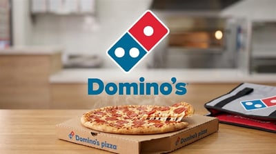 Domino's Pizza logo displayed above a steaming pepperoni pizza in a branded delivery box.