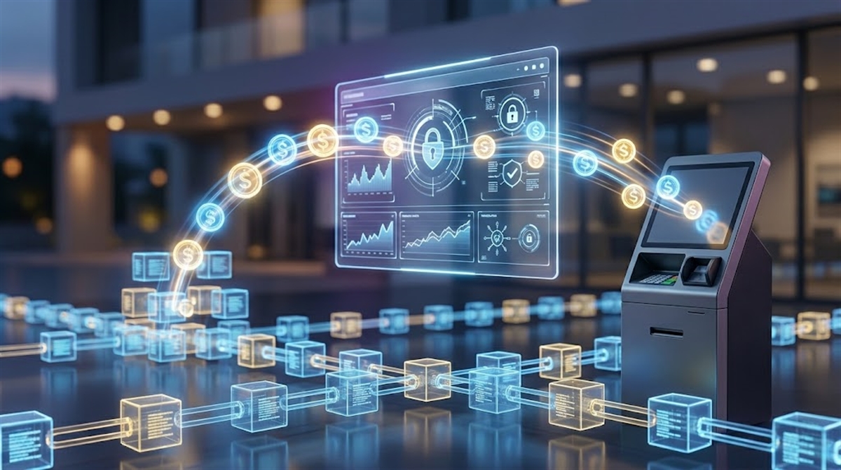 Illustration of a blockchain network linked to an ATM and a holographic financial dashboard displaying charts and security icons.