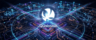 Qualcomm and Dragonfly logos and branded semiconductor chip displayed against a glowing digital circuit board background.