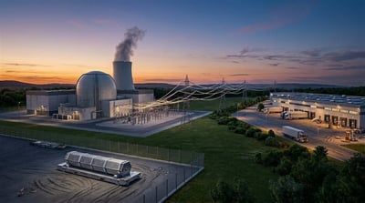 Rendering of a small nuclear power plant with a cooling tower, substation, and transmission lines at dusk.