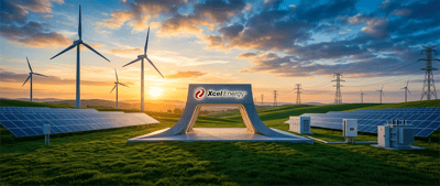 Xcel Energy logo displayed on a monument sign surrounded by wind turbines, solar panels, and power lines at sunset.