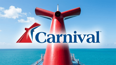 Carnival Corporation logo overlaid on a photo of a red funnel aboard a Carnival cruise ship at sea.
