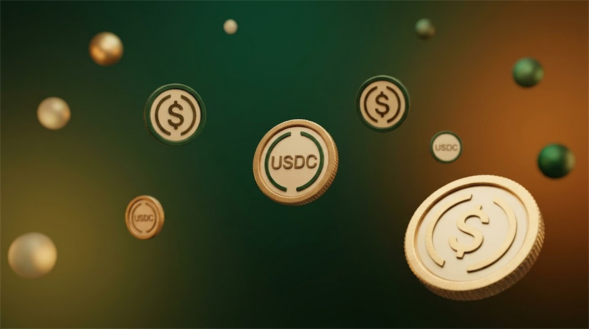 Multiple USDC stablecoin tokens floating against a green and amber gradient background.