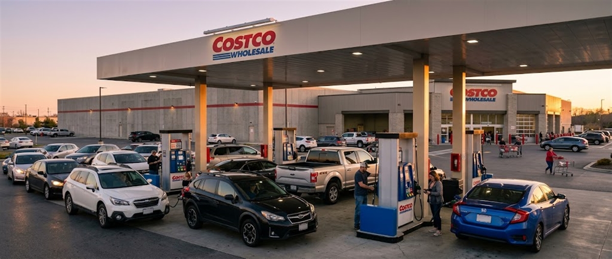 Customers fuel vehicles at a busy Costco Wholesale gas station at dusk.