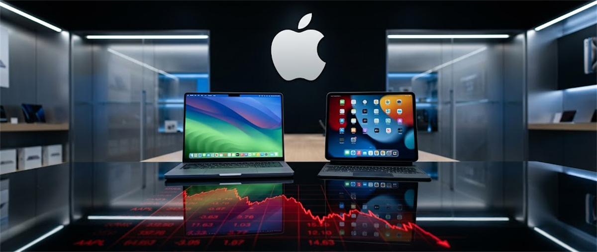 Apple MacBook and iPad displayed in a store setting with a red AAPL stock price chart in the foreground.