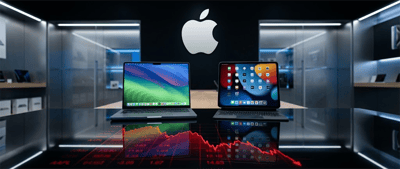 Apple MacBook and iPad displayed in a store setting with a red AAPL stock price chart in the foreground.