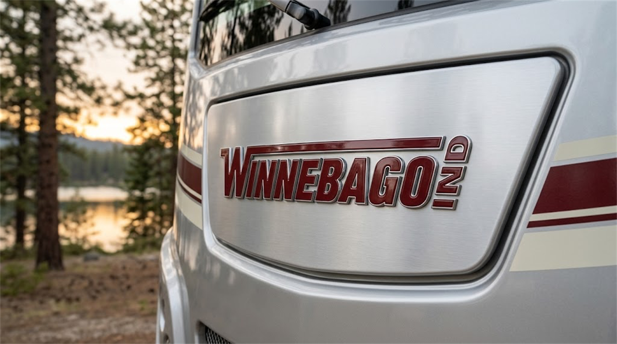 Close-up of a Winnebago Industries logo on the side of a recreational vehicle parked near a lake.