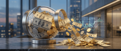 A glass jar spilling U.S. hundred-dollar bills and gold coins onto a marble surface, with a stock chart visible in the background.
