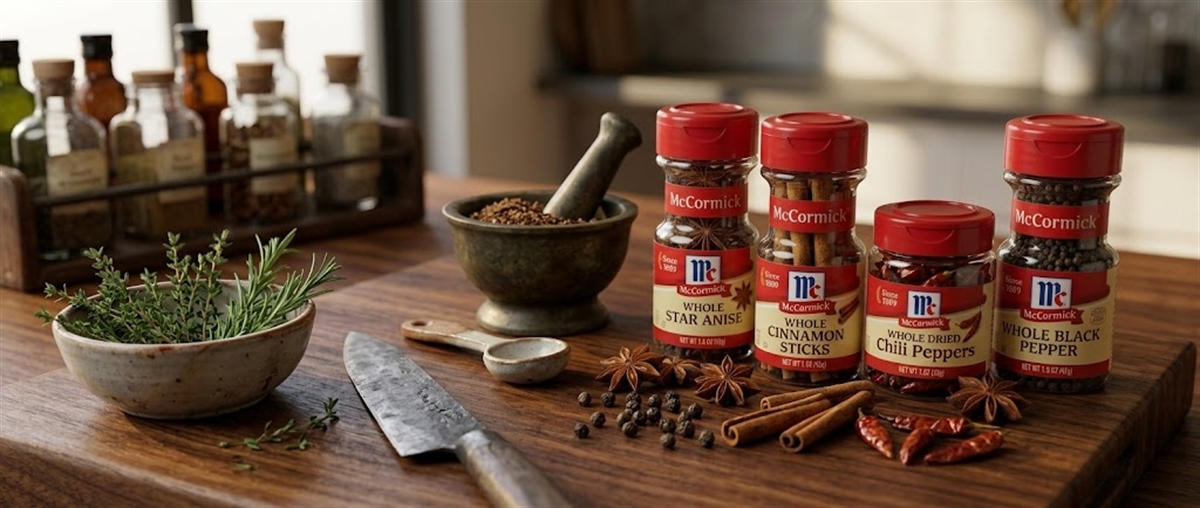 Four McCormick branded whole spice jars displayed on a wooden cutting board in a kitchen setting.