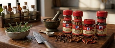 Four McCormick branded whole spice jars displayed on a wooden cutting board in a kitchen setting.