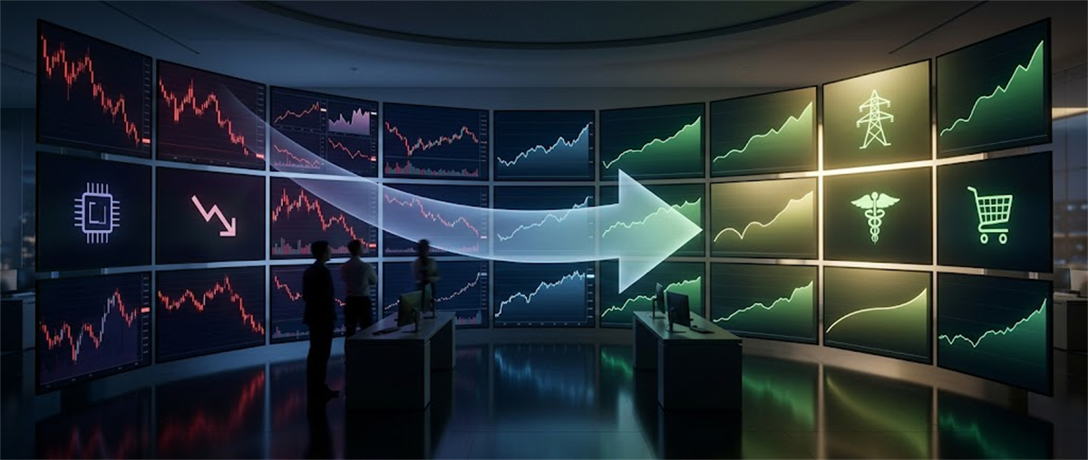 Illustrated trading room with two silhouetted figures viewing multiple screens showing declining and rising stock charts across tech, utilities, healthcare, and retail sectors.