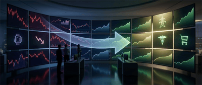 Illustrated trading room with two silhouetted figures viewing multiple screens showing declining and rising stock charts across tech, utilities, healthcare, and retail sectors.