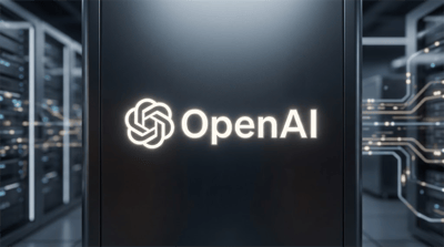 OpenAI logo displayed on a dark panel in front of a blurred data center server room.