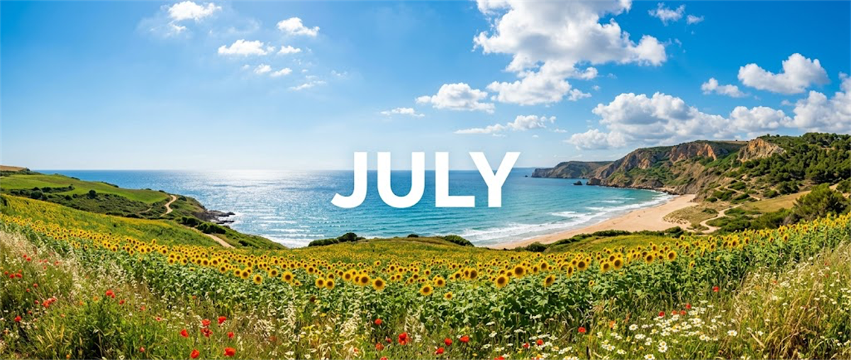 Coastal landscape in July featuring a sunflower field, sandy beach, and blue ocean under a partly cloudy sky.