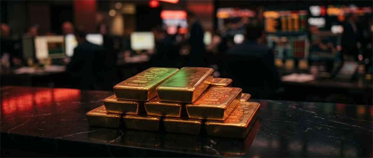 Gold bars stacked on a dark surface with a blurred trading floor in the background.