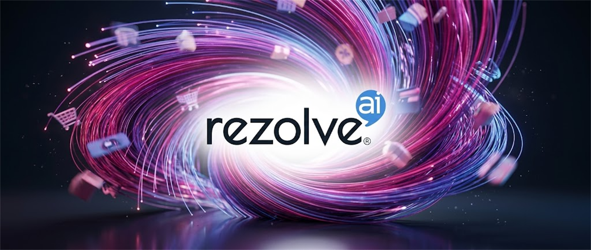 Rezolve AI company logo displayed over a swirling digital light stream with floating e-commerce icons.